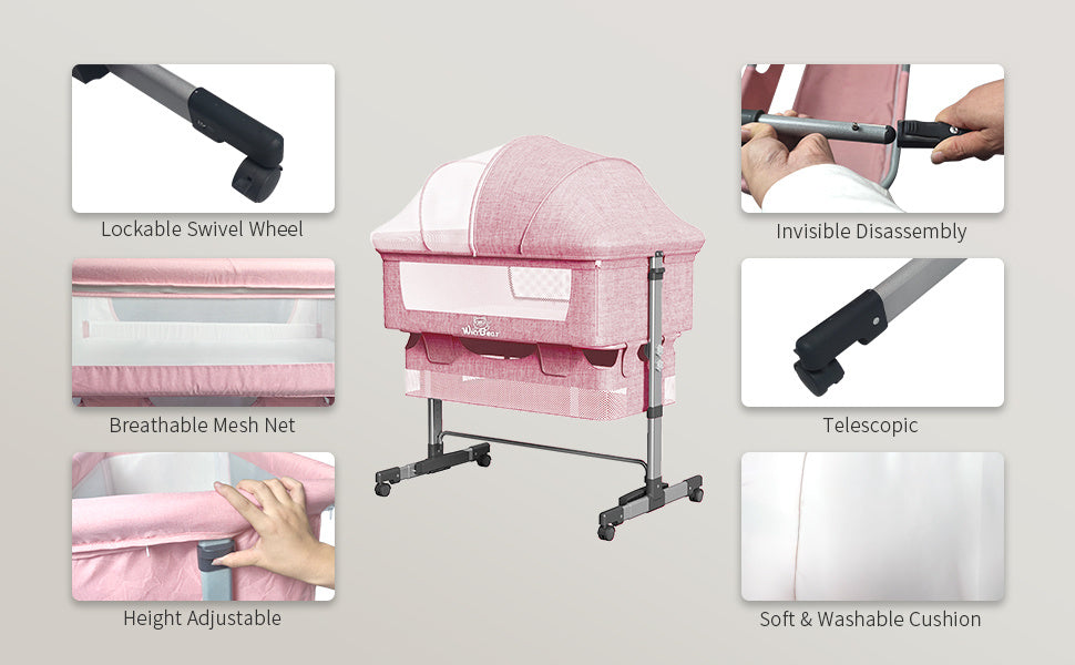 3-in-1 Adjustable Bedside Crib – Portable Baby Bassinet with Wheels, Canopy & Storage