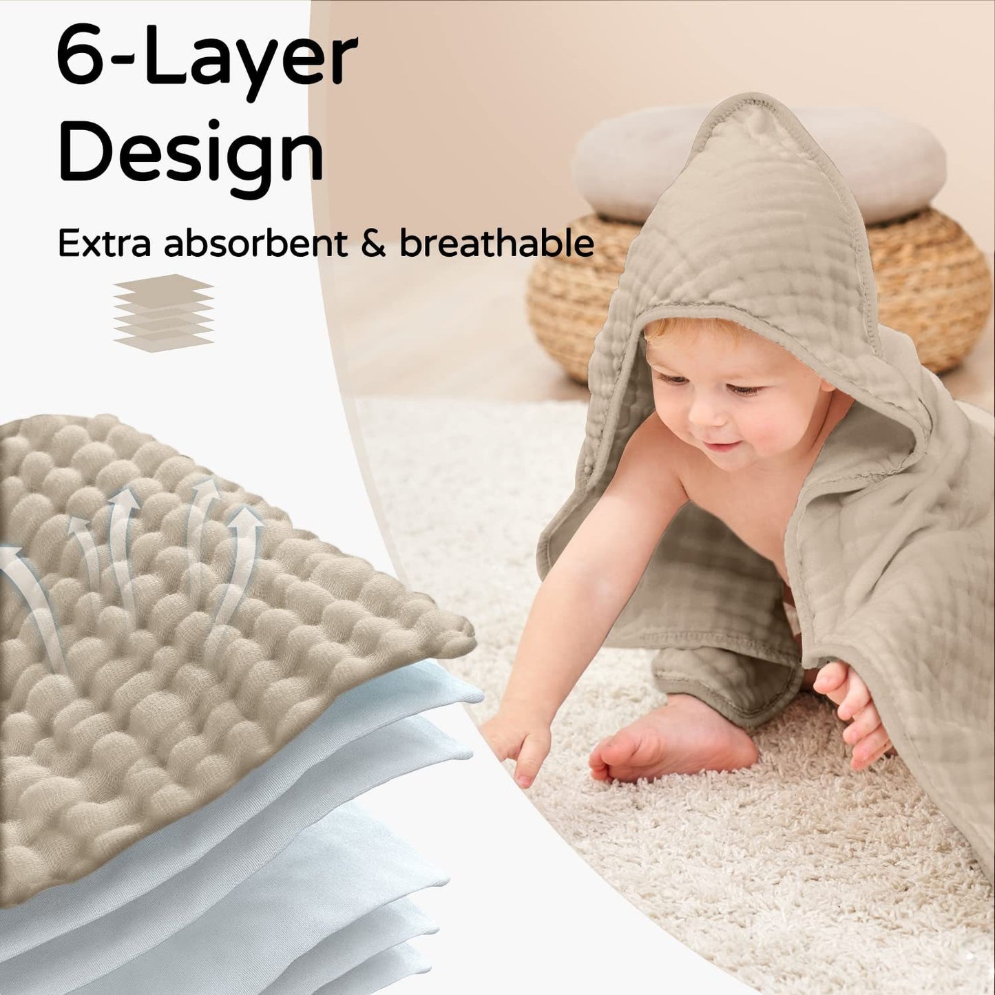 Hooded Baby Towel – Ultra-Soft Muslin Cotton Bath Towel for Newborns & Toddlers (90x90cm)